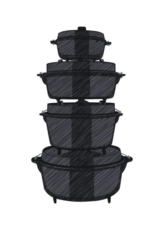Der ultimative Dutch Oven Guide – Infos, Tipps & Kaufberatung - Illustration Dutch Oven Turm - 3 Dutch Oven Turm - Dutch Oven mit Füßen lassen sich wunderbar stapeln