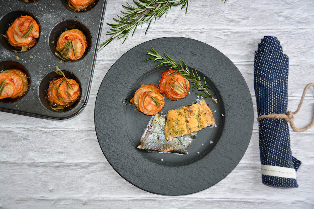 Süßkartoffel Türmchen - ein geniales Beilagenrezept - suesskartoffelturm forelle 02 - 15 Süßkartoffel Beilage zu Fisch