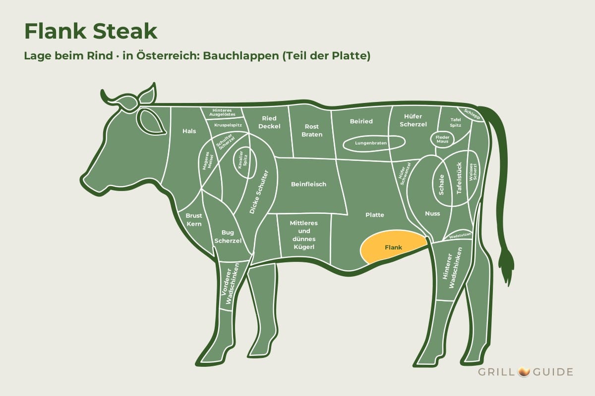 Flank Steak (Bauchlappen / Flanke) - fleischteile rind flank steak - 2 Lage des Flank Steaks beim Rind: hinterer, unterer Teil der Platte (Bauchlappen) orange markiert