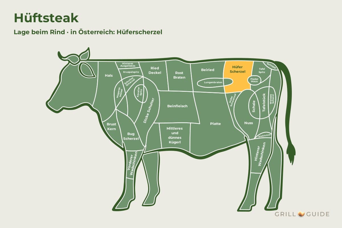 Hüftsteak (Hüferscherzel) - fleischteile rind hueftsteak - 2 Lage des Hüftsteaks beim Rind: Das Feld Hüferscherzel (Hüfte) im Hinterviertel ist orange markiert