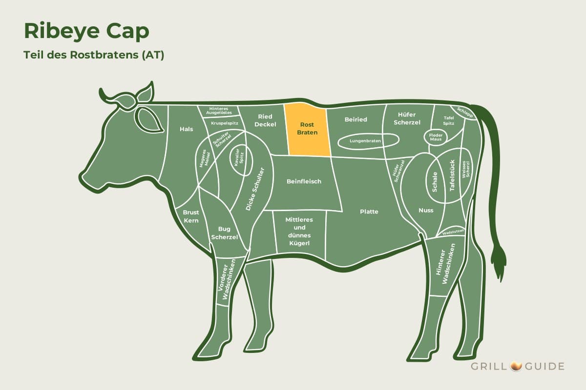 Ribeye Cap (Rib-Eye-Deckel) - fleischteile rind ribeye cap - 2 Lage des Ribeye Caps beim Rind: Das Feld Rostbraten im Vorderviertel ist gelb markiert, der Cap ist ein Teil davon (schematisch)