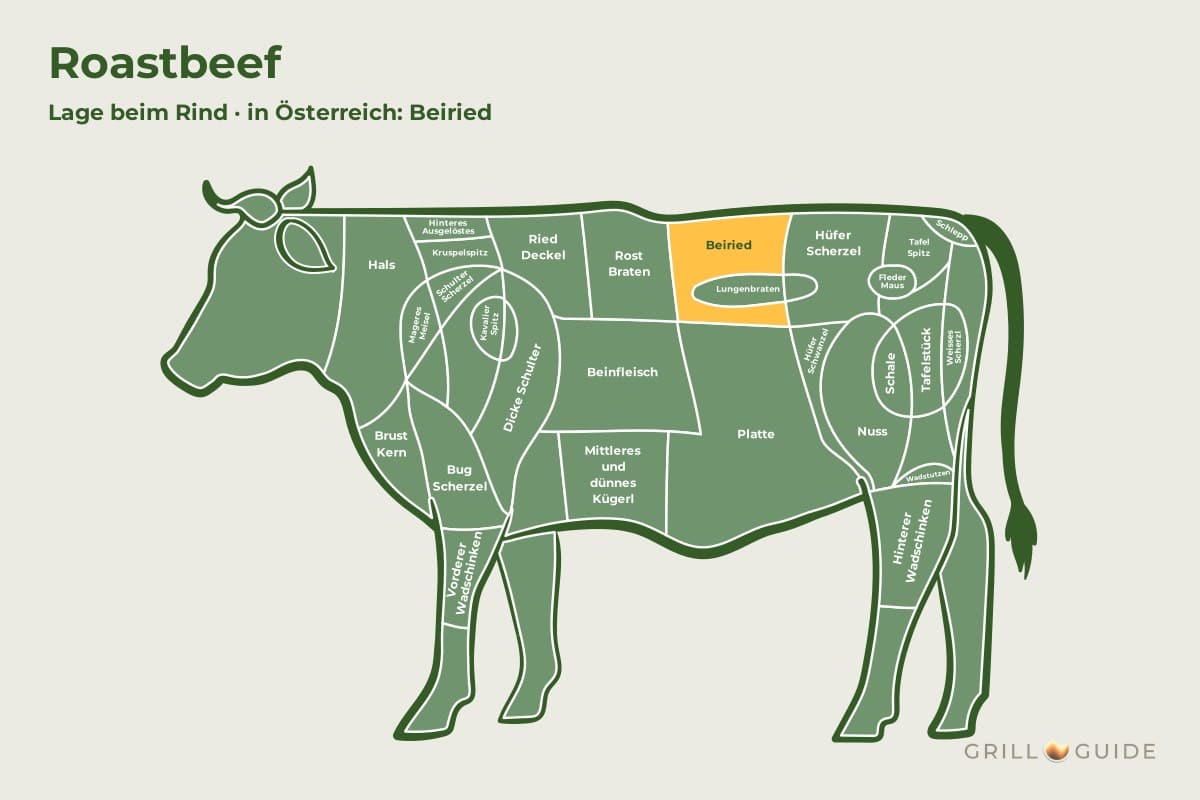 Roastbeef (Beiried) - fleischteile rind roastbeef - 2 Lage des Roastbeefs beim Rind: Das Feld Beiried im Hinterviertel ist orange markiert