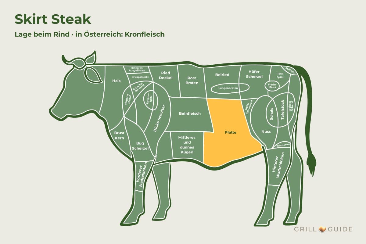 Skirt Steak (Kronfleisch) - fleischteile rind skirt steak - 2 Lage des Skirt Steaks beim Rind: Das Feld Saum im Brustraum ist gelb markiert (schematisch)
